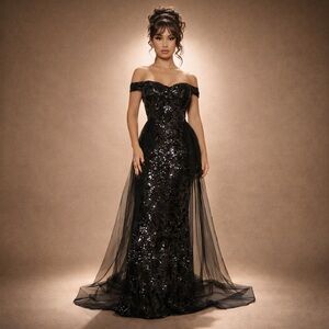 Fashion Nova Black Sequin Off Shoulder Formal Gown with Tulle Train M